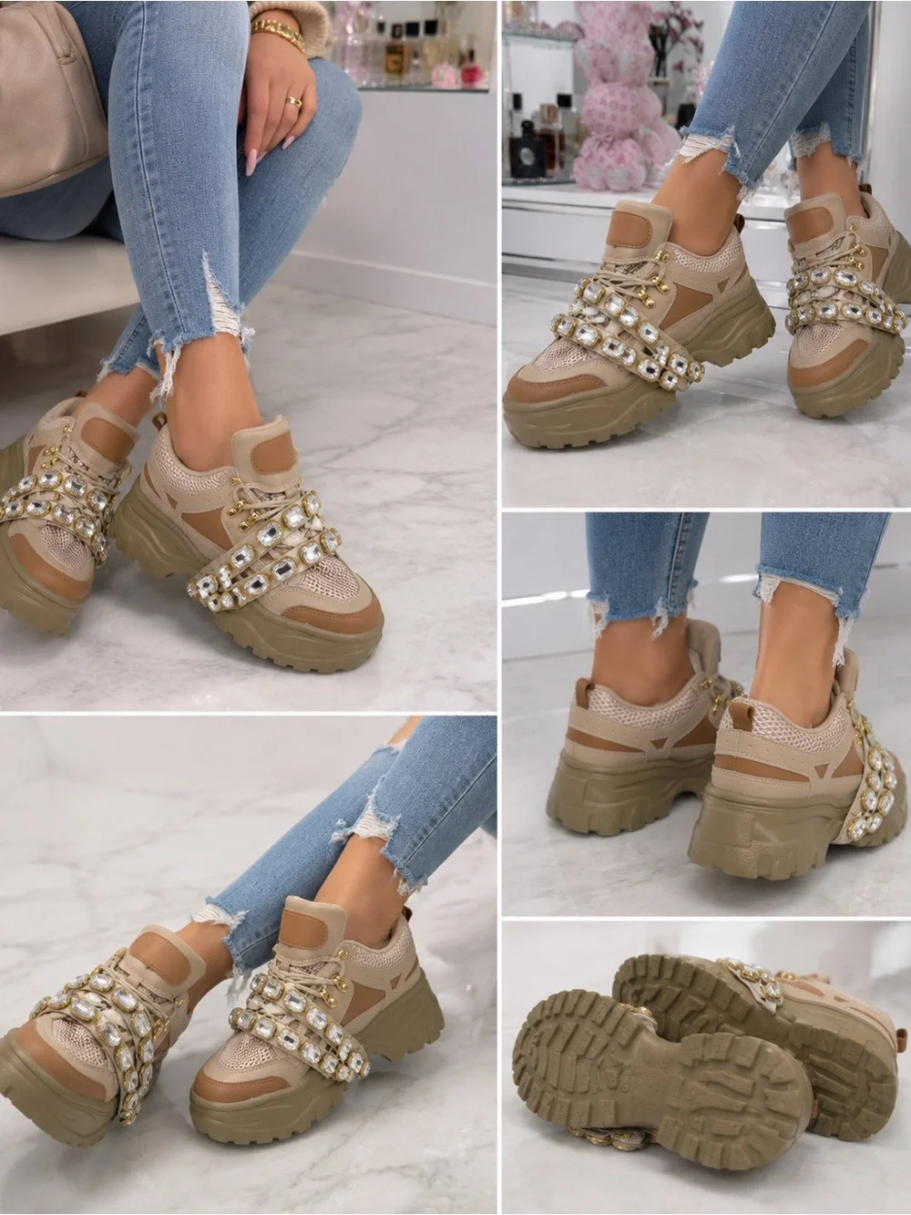 AKIRA Beige Crystal-Strap Platform Sneakers